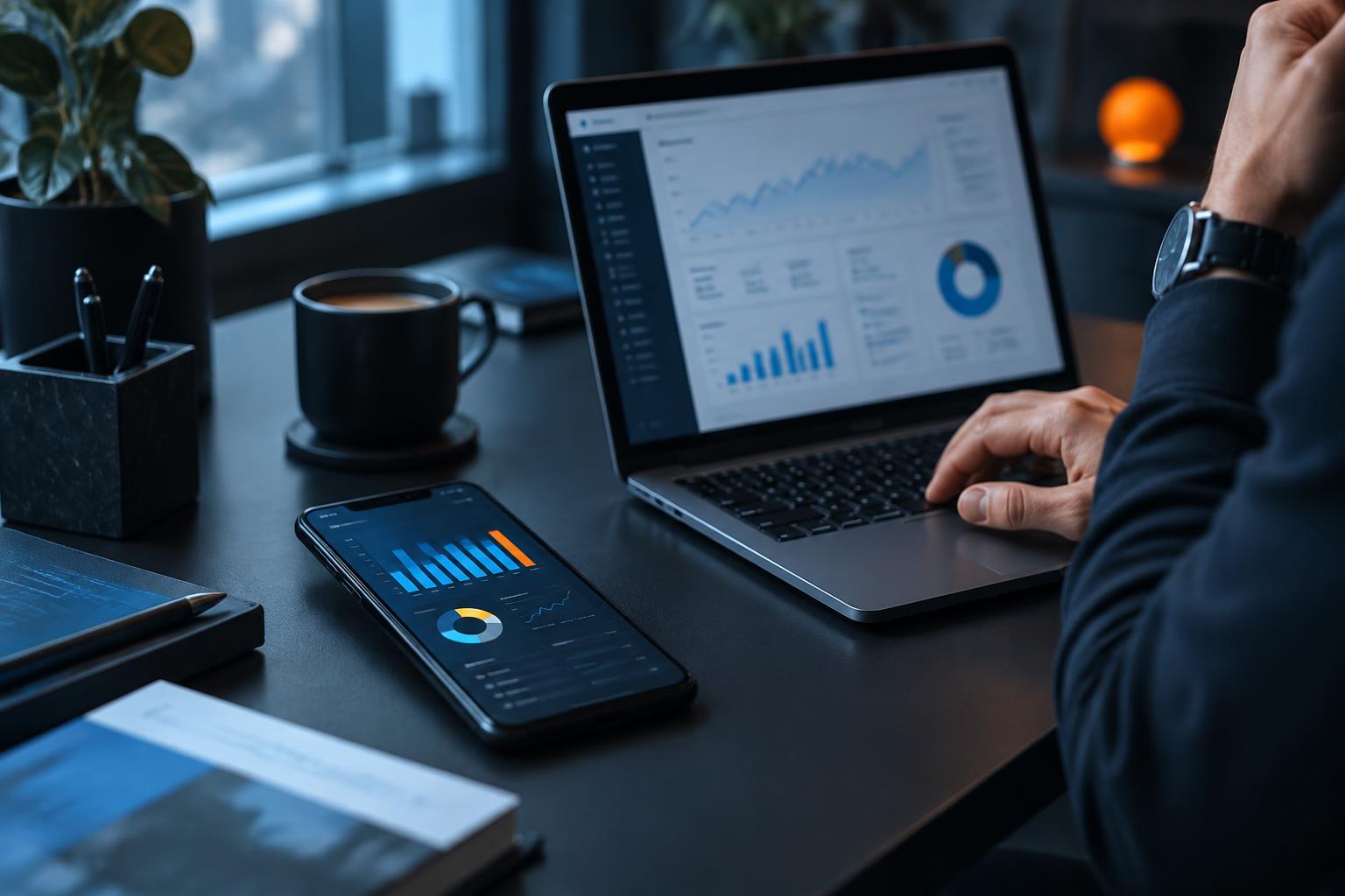 A mobile app campaign dashboard being reviewed at a desk